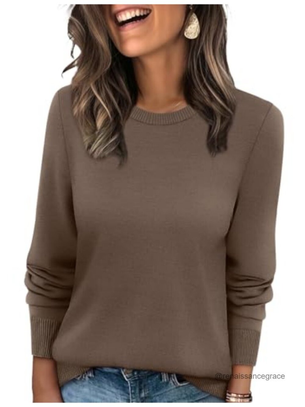 WIHOLL Lightweight Ribbed Knit Crewneck Pullover Sweater Womens Fall